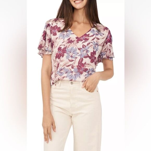 Vince Camuto Floral Print V-Neck Blouse in Sea Breeze, Size Small - Picture 13 of 13